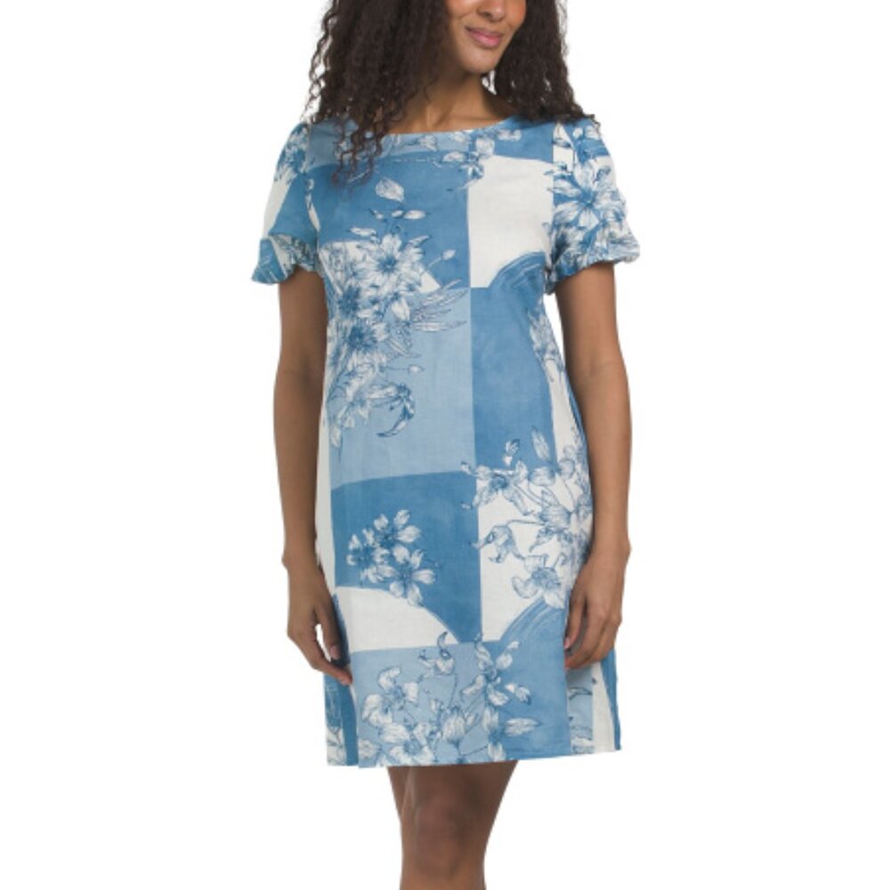 SPIGHE DI LINO Made In Italy Linen Blend Short Sleeve Printed Dress